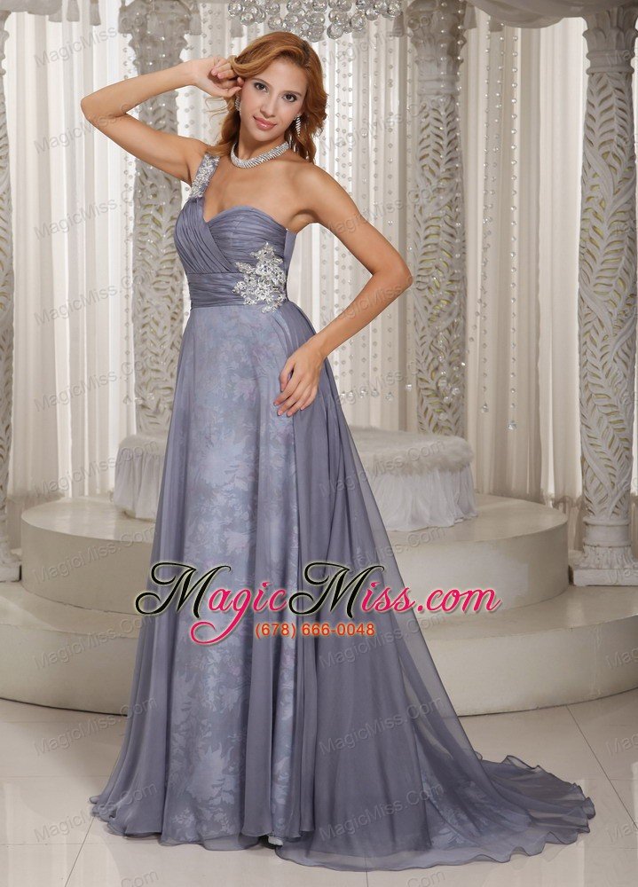 wholesale custom made gray one shoulder ruched bodice and appliques prom celebrity dress
