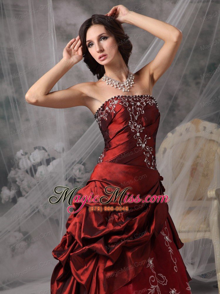 wholesale wine red a-line / princess strapless floor-length taffeta appliques prom dress
