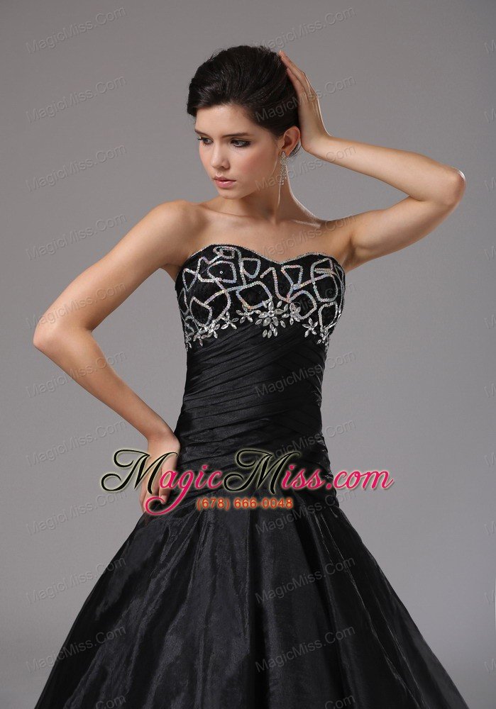 wholesale sweetheart black organza prom dress with brush train beaded decorate