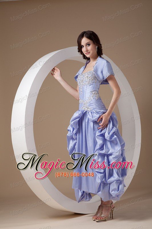 wholesale lilac a-line strapless ankle-length taffeta appliques with beading prom dress