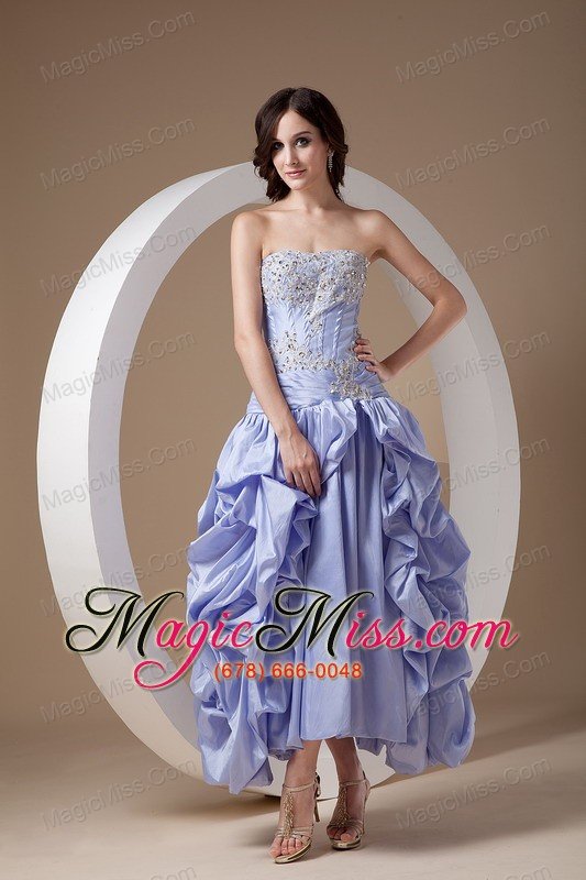 wholesale lilac a-line strapless ankle-length taffeta appliques with beading prom dress