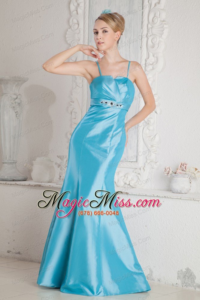 wholesale aqua blue junior prom dress mermaid straps beading brush train satin