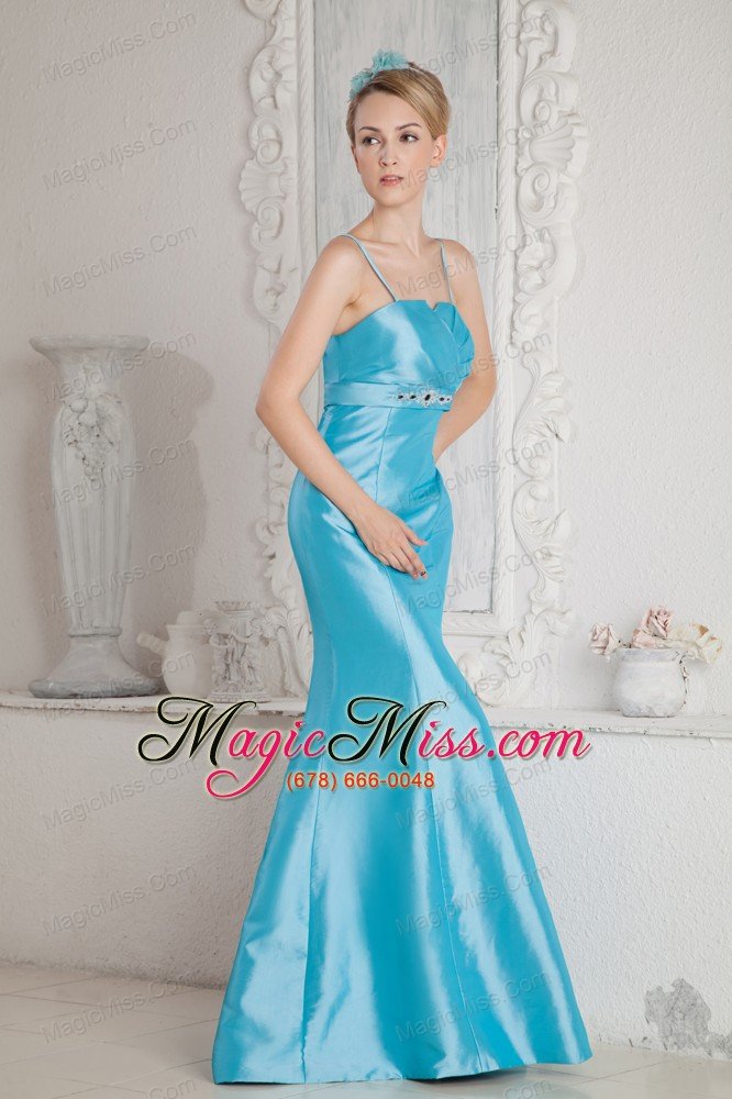wholesale aqua blue junior prom dress mermaid straps beading brush train satin