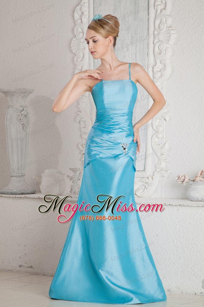 wholesale aqua blue column straps beading and ruch prom dress floor-length satin