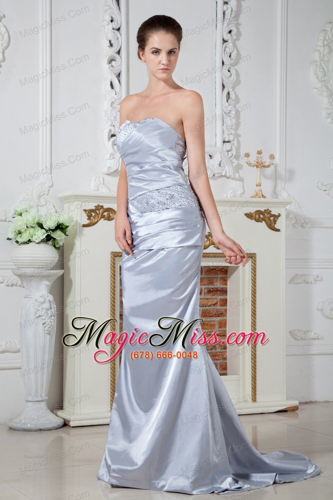 wholesale lilac column strapless brush train satin beading and ruch prom dress