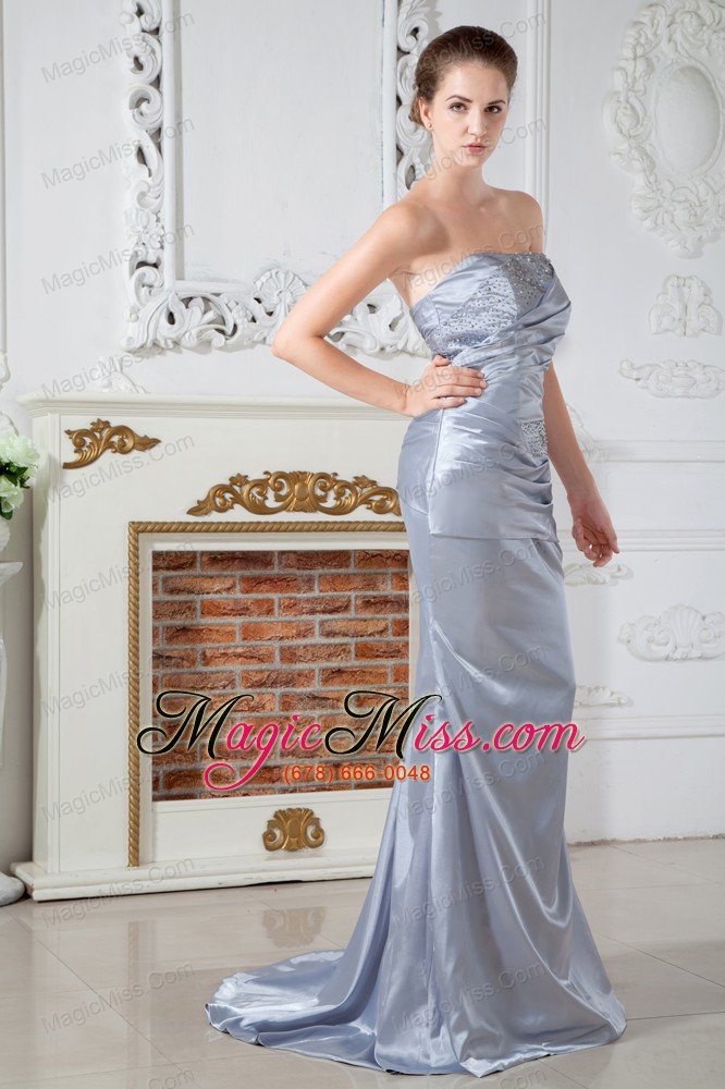 wholesale lilac column strapless brush train satin beading and ruch prom dress