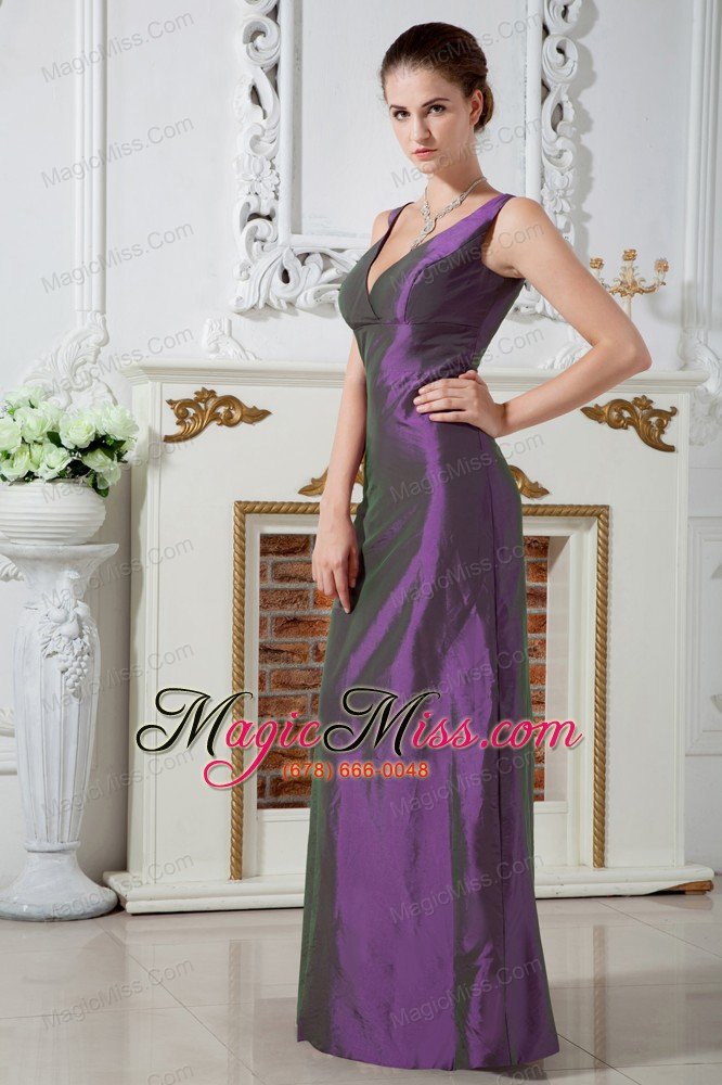 wholesale purple column v-neck ruch prom dress floor-length taffeta