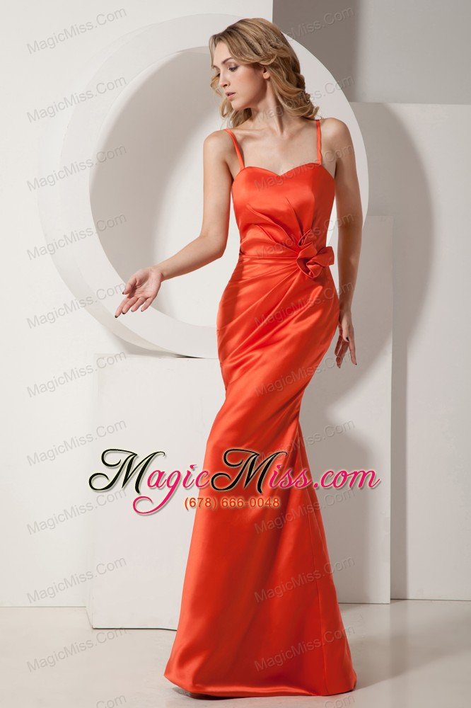 wholesale rust red mermaid spaghetti straps floor-length satin ruch and hand made flower prom dress