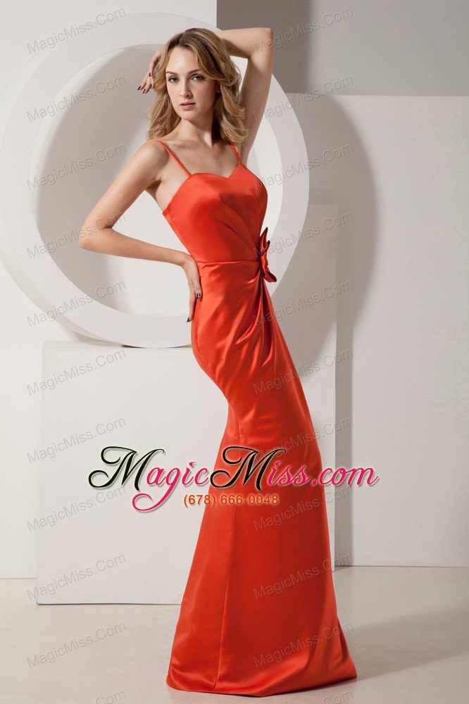 wholesale rust red mermaid spaghetti straps floor-length satin ruch and hand made flower prom dress