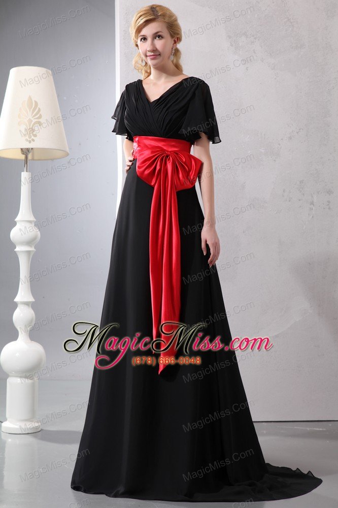 wholesale beautiful red and black v-neck bow prom dress brush train chiffon and taffeta empire