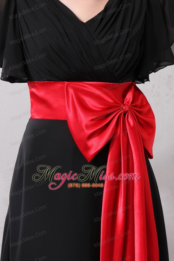 wholesale beautiful red and black v-neck bow prom dress brush train chiffon and taffeta empire