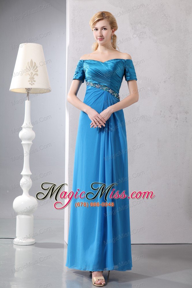wholesale blue column off the shoulder ankle-length taffeta and chiffon beading prom dress