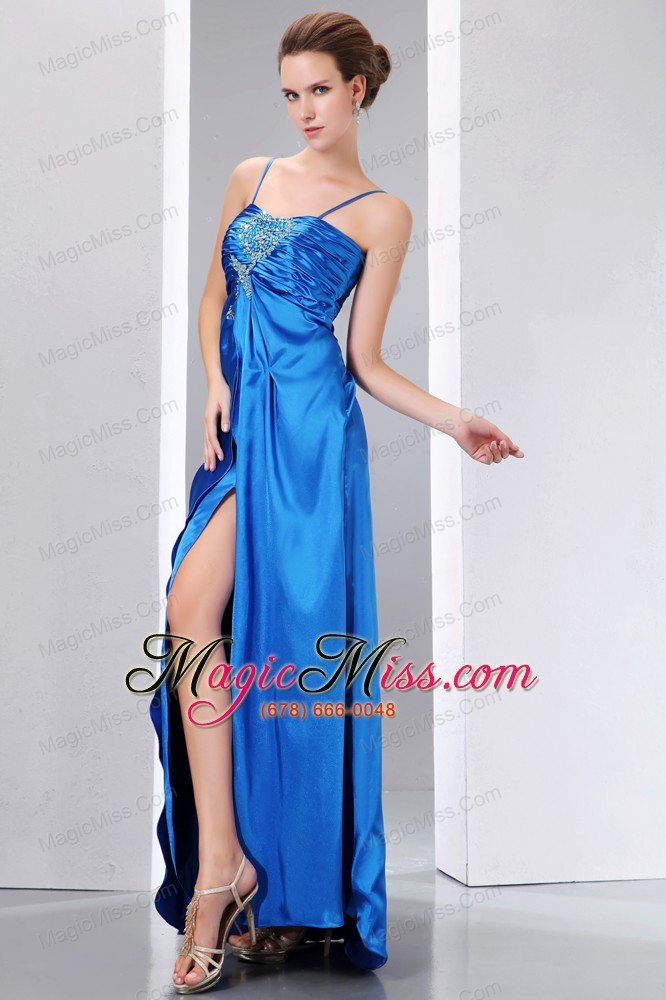wholesale cheap blue prom dress column spaghetti straps beading and ruch floor-length elastic wove satin