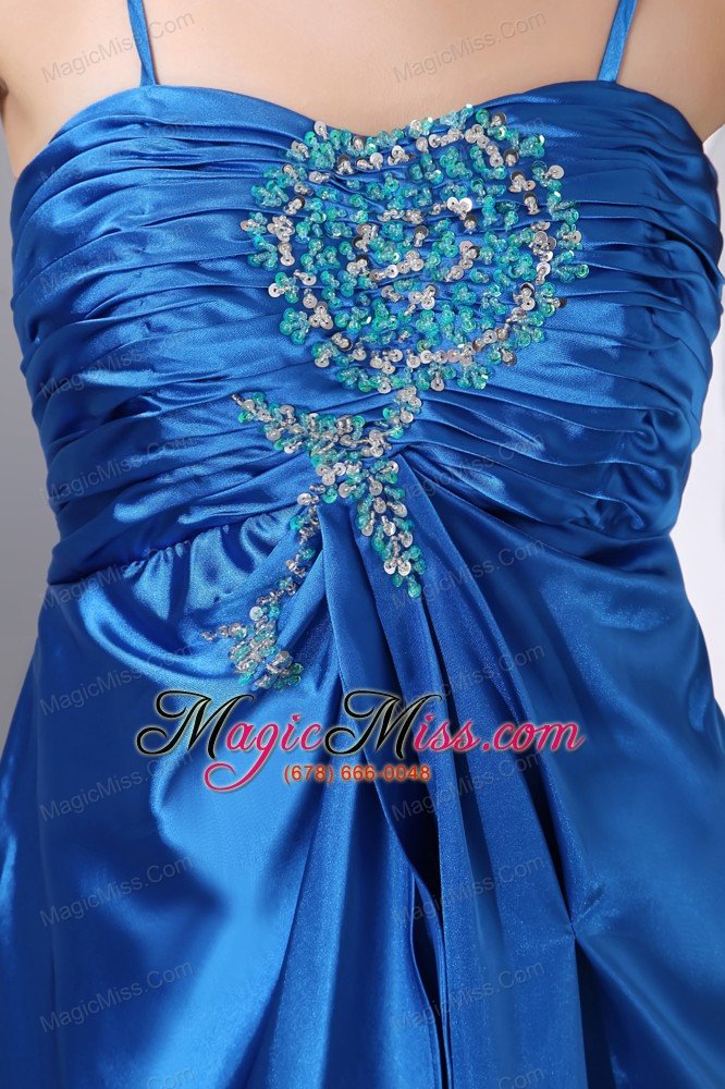 wholesale cheap blue prom dress column spaghetti straps beading and ruch floor-length elastic wove satin