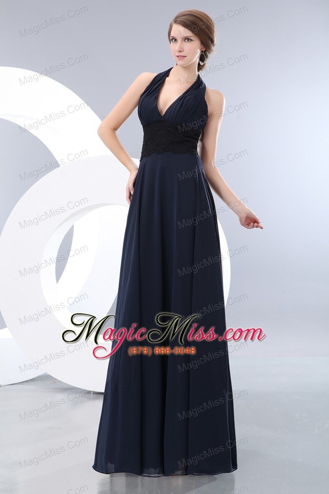 wholesale elegant navy blue empire halter lace prom dress floor-length chiffon