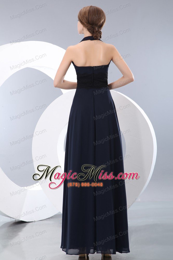 wholesale elegant navy blue empire halter lace prom dress floor-length chiffon