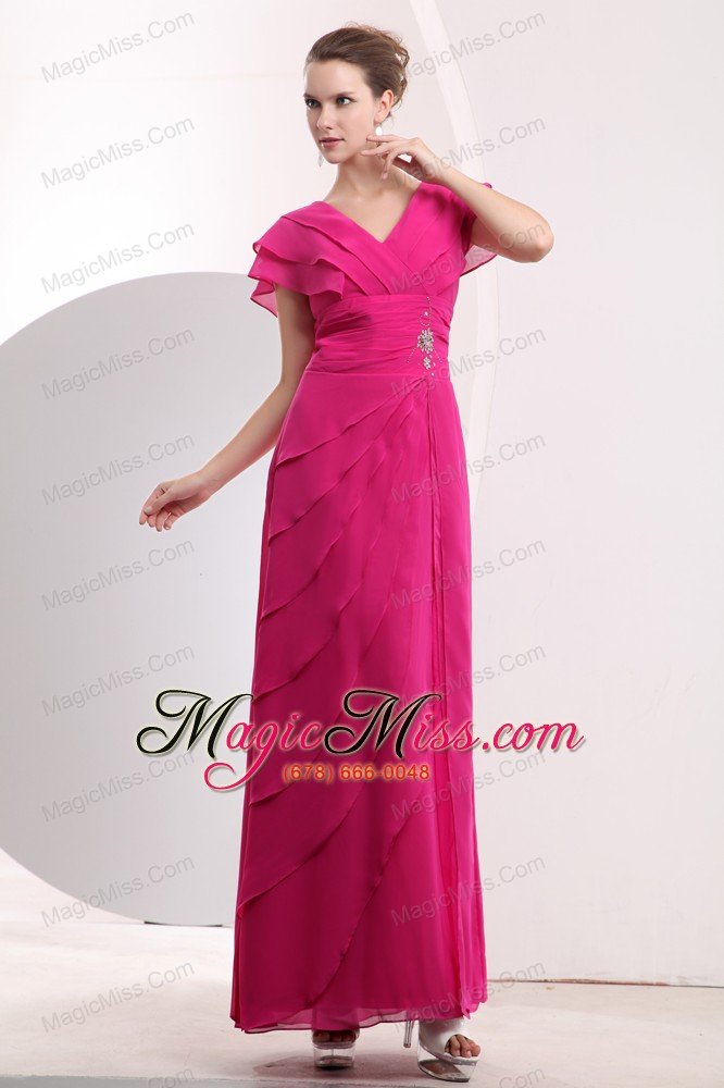 wholesale hot pink empire v-neck floor-length chiffon beading prom / evening dress
