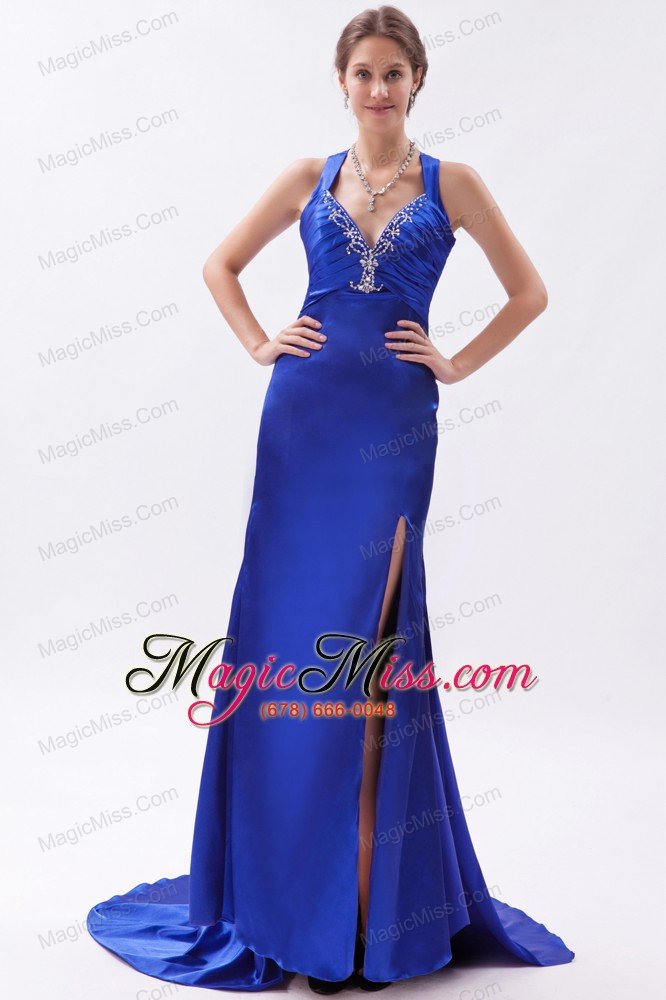 wholesale royal blue column / sheath straps prom dress embroidery with beading brush train satin