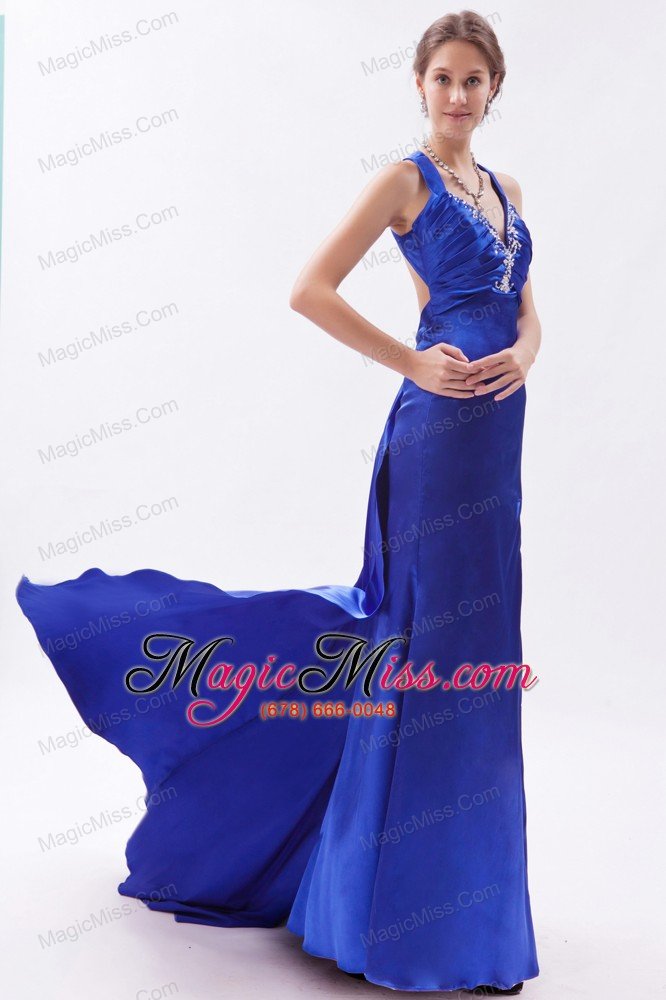 wholesale royal blue column / sheath straps prom dress embroidery with beading brush train satin