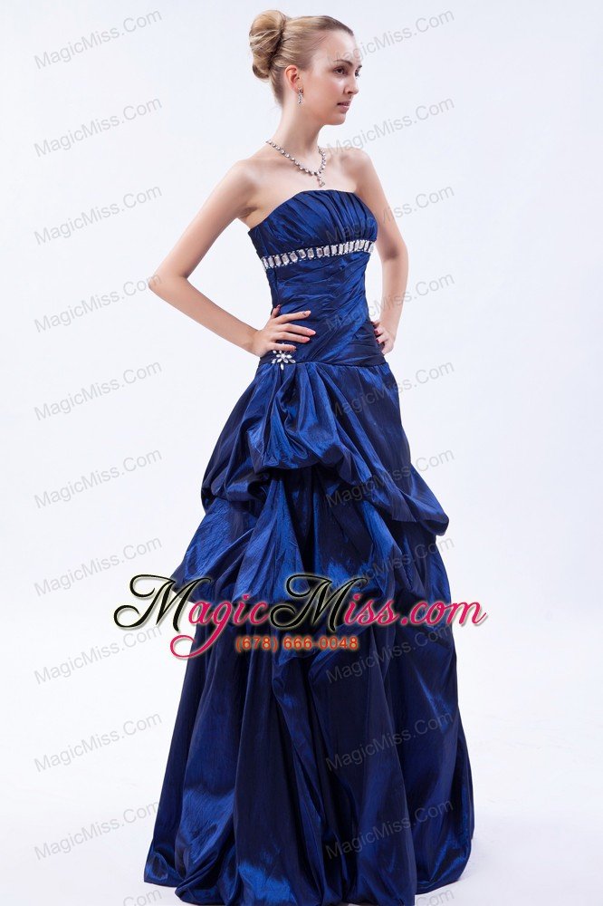 wholesale blue a-line strapless floor-length taffeta beading and ruch prom dress