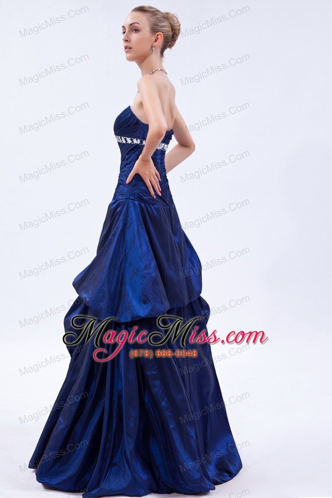 wholesale blue a-line strapless floor-length taffeta beading and ruch prom dress