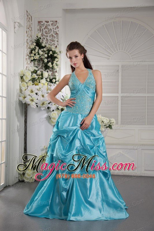 wholesale aqua blue princess halter floor-length taffeta appliques prom / graduation dress