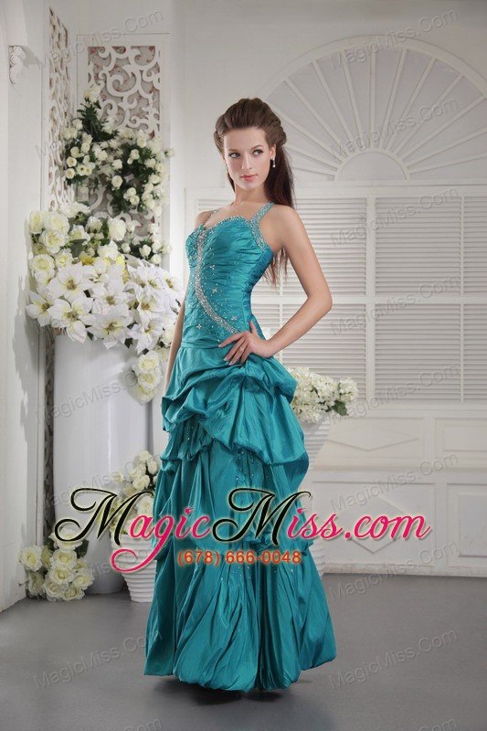 wholesale teal princess straps floor-length taffeta beading and ruch prom / graduation dress