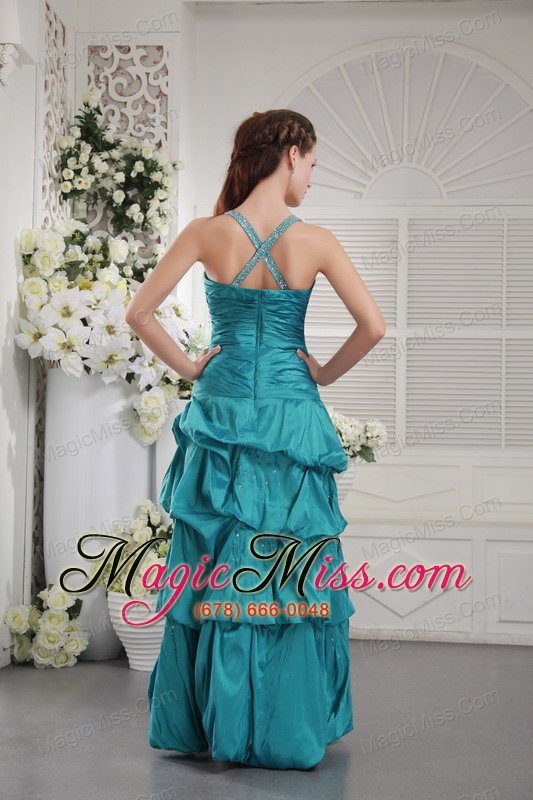wholesale teal princess straps floor-length taffeta beading and ruch prom / graduation dress