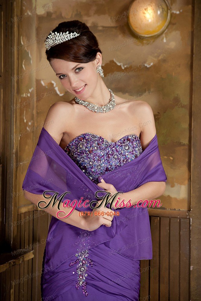wholesale purple mermaid sweetheart brush train chiffon beading prom dress