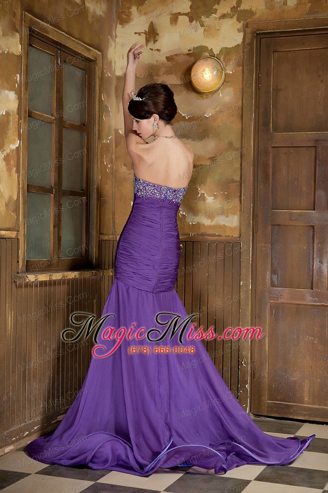 wholesale purple mermaid sweetheart brush train chiffon beading prom dress