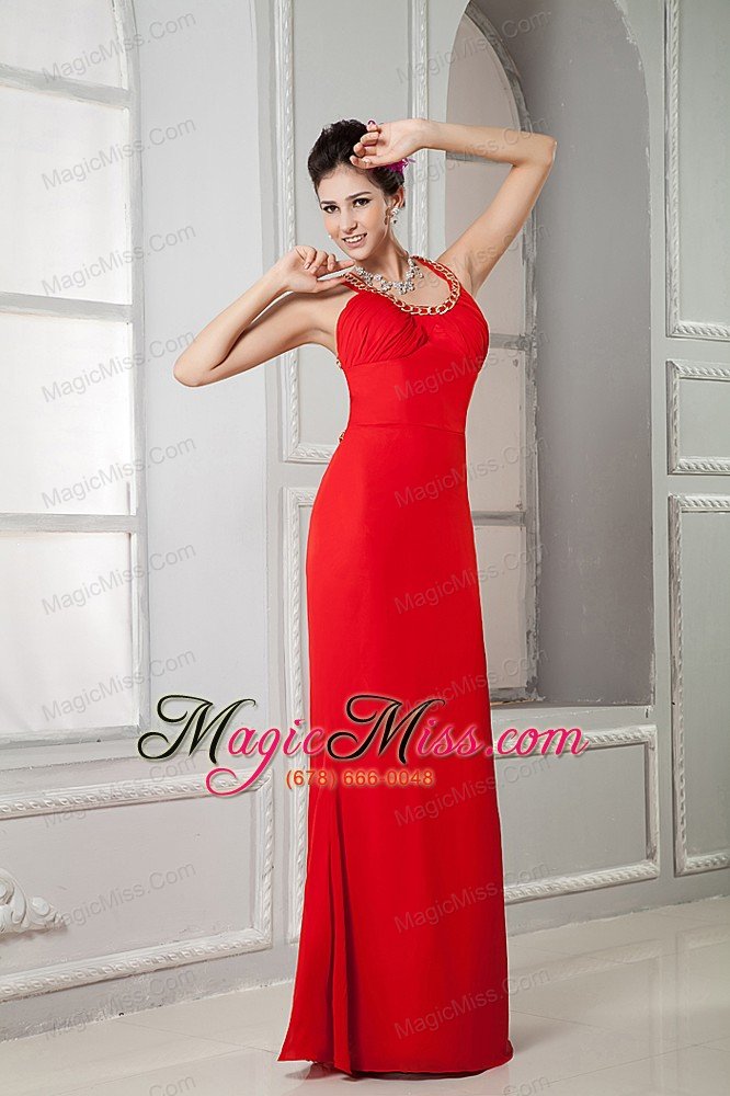 wholesale custom made red prom dress column scoop floor-length chiffon beading