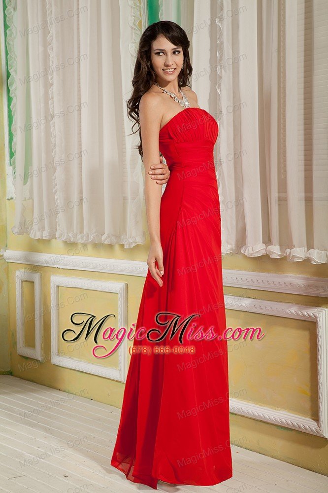 wholesale pretty red bridesmaid dress column strapless floor-length chiffon ruch
