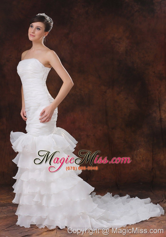 wholesale mermaid organza white ruch wedding dress with ruffles layers