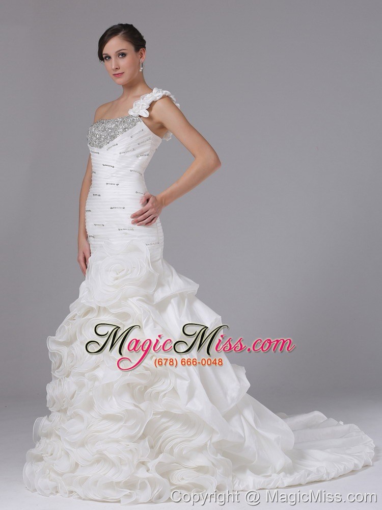 wholesale mermaid one shoulder wedding dress in arroyo grande california with ruched bodice ruffled layers