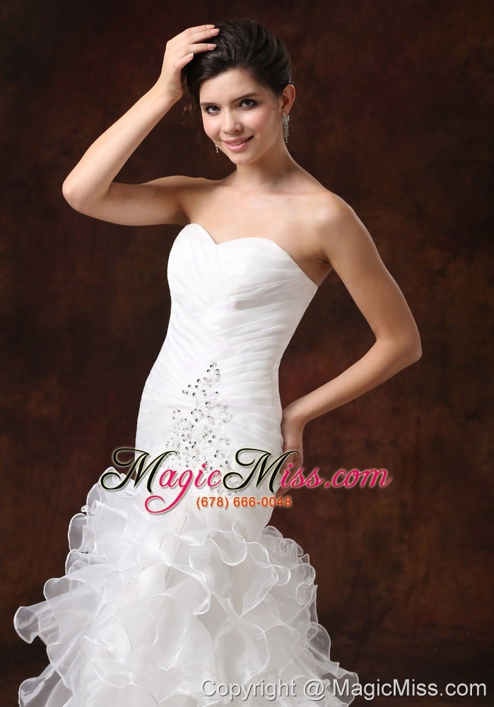 wholesale mermaid ruched bodice and ruffled layers for 2013 modest wedding dress with beading