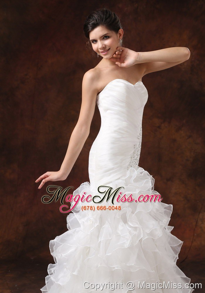 wholesale mermaid ruched bodice and ruffled layers for 2013 modest wedding dress with beading