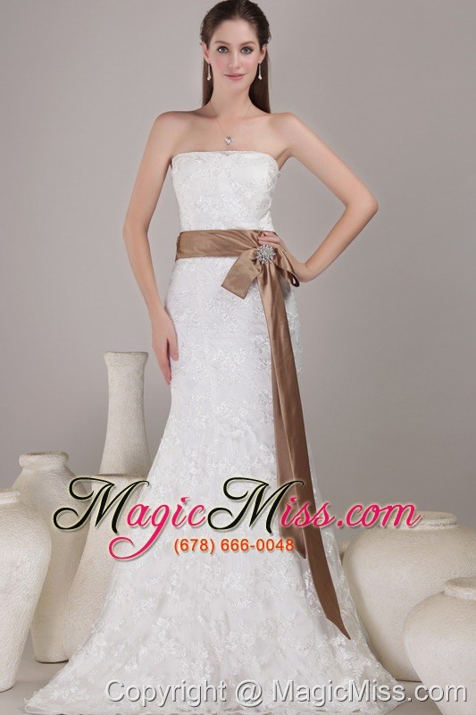 wholesale elegant trumpet/mremaid strapless court train lace sash / ribbons wedding dress
