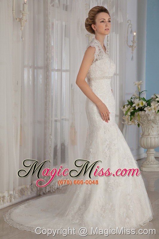 wholesale elegant mermaid / trumpet v-neck court lace beading and appliques wedding dress