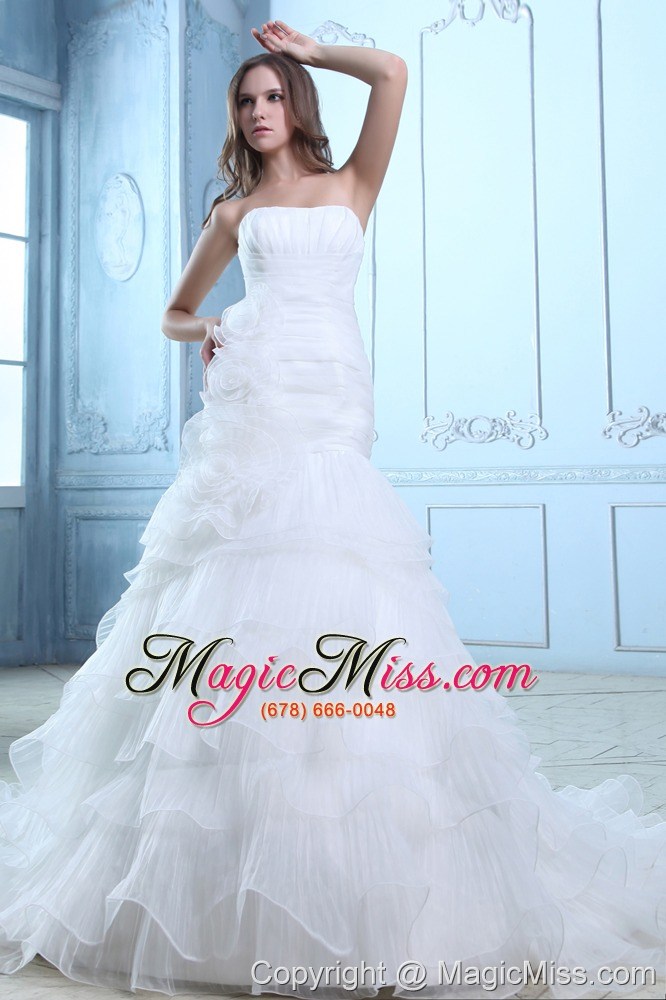 wholesale best mermaid strapless court train organza ruch and hand made flowers wedding dress