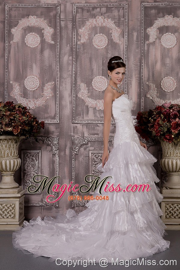 wholesale inexpensive mermaid strapless court train organza appliques and ruch wedding dress