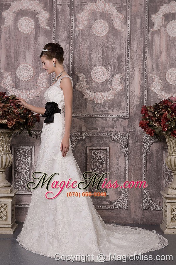 wholesale gorgeous column v-neck court train lace sash wedding dress