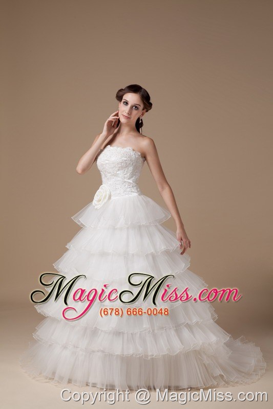 wholesale beautiful a-line strapless brush train taffeta and organza hand made flower and appliques wedding dress