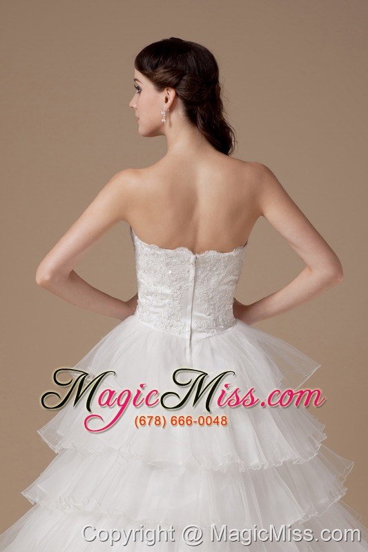 wholesale beautiful a-line strapless brush train taffeta and organza hand made flower and appliques wedding dress