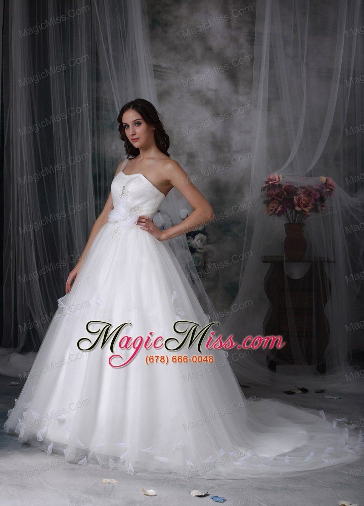 wholesale classical a-line one shoulder watteau train tulle hand made flowers and beading wedding dress