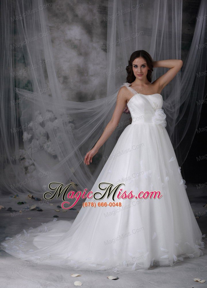 wholesale classical a-line one shoulder watteau train tulle hand made flowers and beading wedding dress