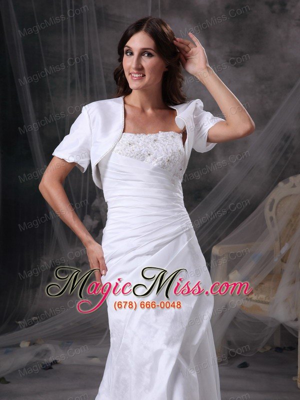 wholesale white column strapless court traintaffeta appliques and ruch wedding dress