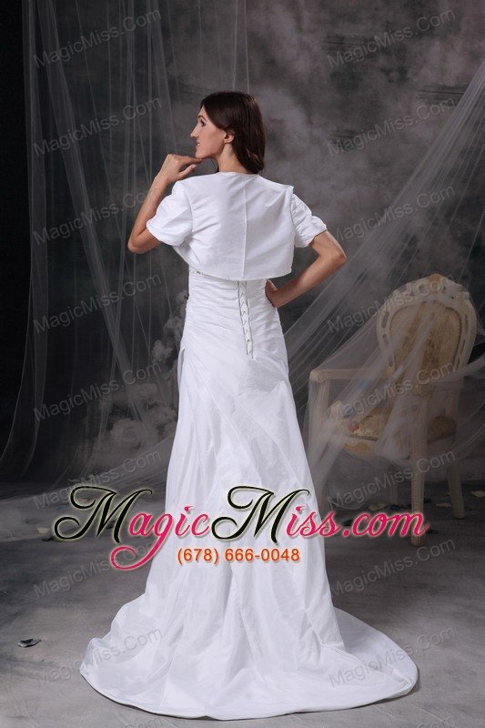 wholesale white column strapless court traintaffeta appliques and ruch wedding dress