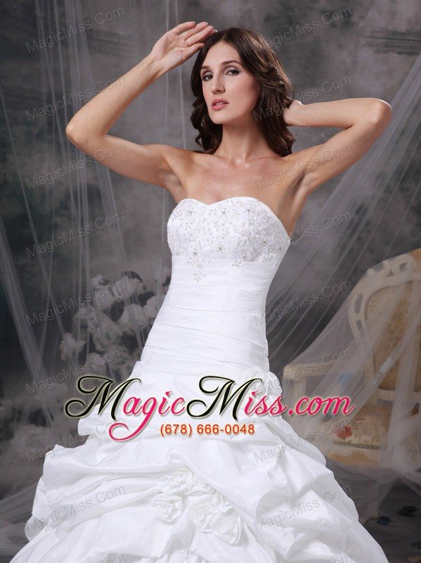 wholesale white a-line strapless court traintaffeta appliques and hand made flowers wedding dress