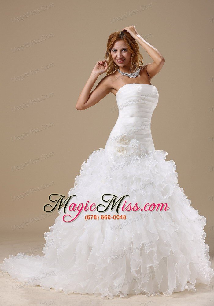 wholesale exclusive style ruffles decorate bodice hand made flowers a-line court train organza 2013 wedding dress