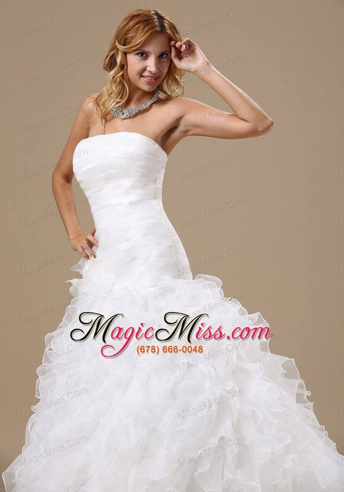 wholesale exclusive style ruffles decorate bodice hand made flowers a-line court train organza 2013 wedding dress